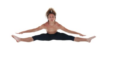 Picture of a male ballet dancer jumping with spread legs over white clipart