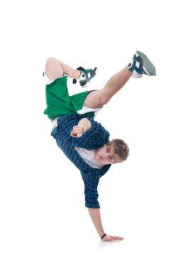 Young bboy standing on one hand. Holding legs in air. Looking and pointing at camera. Isolated on white in studio. Front view, whole body clipart