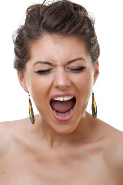 Face of a young crying woman. Close up picture over white clipart