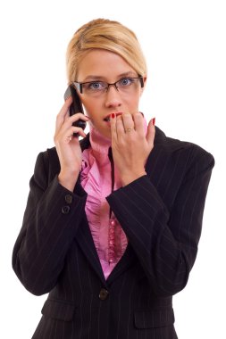 A businesswoman worries about bad business news or crisis clipart