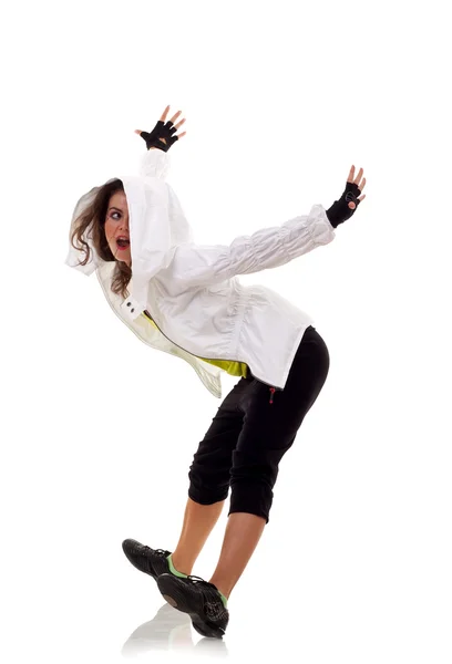 Молодая Стильная Танцовщица Позирует Каблуках Над Белым — стоковое фото
