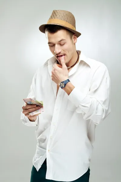 Picture Young Man Counting Romanian Money Studio Shot — Stock Photo, Image