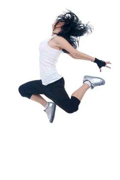 Güzel Genç Dansçı Beyaz Zemin Üzerine Atlama — Stok fotoğraf