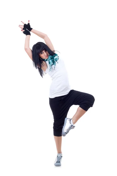 Bela Jovem Dançarina Hip Hop Posando Fundo Branco — Fotografia de Stock