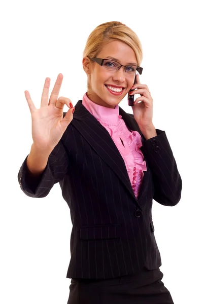 Γυναίκα των επιχειρήσεων ευτυχής με τηλέφωνο — Φωτογραφία Αρχείου