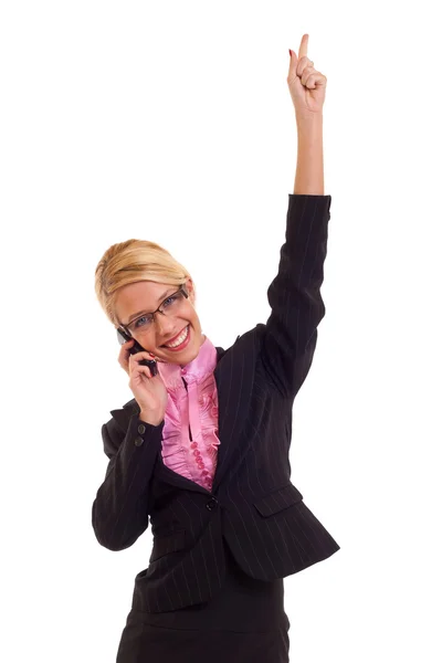 Atrakcyjny Biznes Dama Mówiąc Telefon Wskazujący Górę Białym Tle — Zdjęcie stockowe