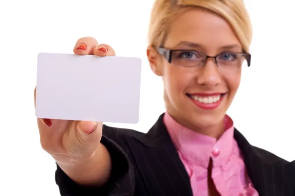 Mulher de negócios sorrindo cartão de segurança — Fotografia de Stock