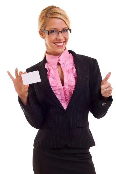 Jovem Mulher Negócios Apresentando Cartão Branco Polegares Para Cima — Fotografia de Stock