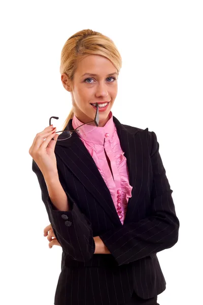 Junge Geschäftsfrau Mit Brille Und Lächeln Auf Weißem Hintergrund — Stockfoto