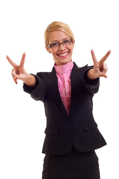 Счастливый жест победы деловой женщины — стоковое фото