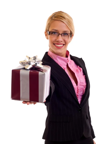 Happy Business Woman Holding Gift Her Hand Isolated — Stock Photo, Image