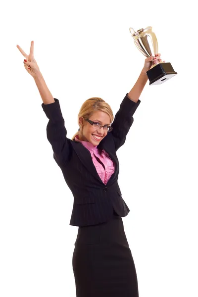Счастливая деловая женщина с трофеем — стоковое фото
