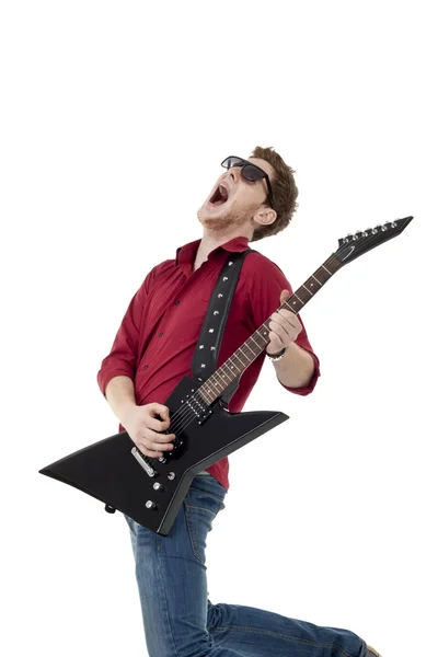 Gitarrist Med Solglasögon Skrikande Isolerade — Stockfoto