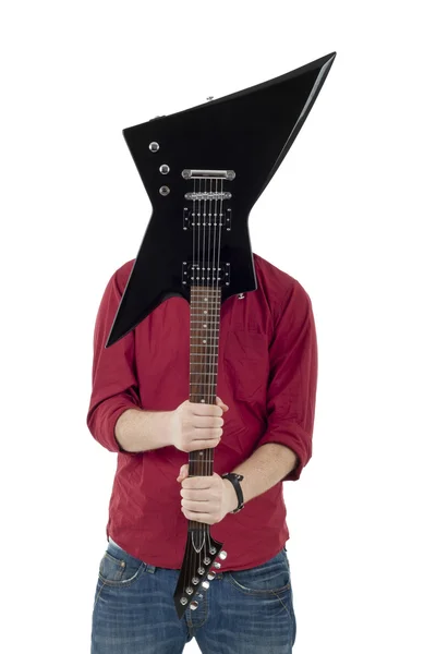 Músico Sosteniendo Una Guitarra Delante Aislado —  Fotos de Stock