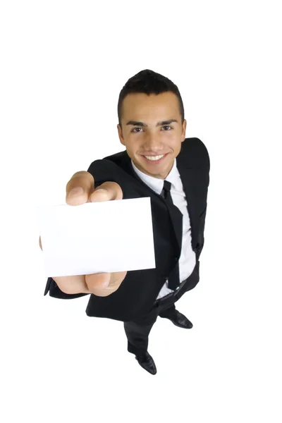 Cartão Visita Branco Mão Homem Negócios Sorridente Ângulo Largo Isolado — Fotografia de Stock