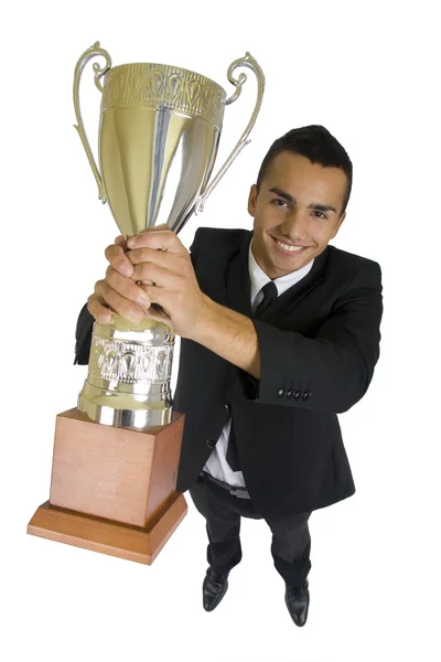 Troféu Ouro Nas Mãos Homem Negócios Sorridente Amplo Ângulo Isolado — Fotografia de Stock