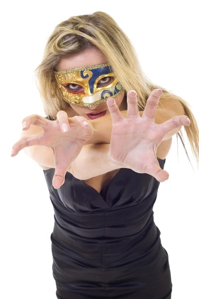 Aggressive Woman Wearing Venetian Mask White Focus Hands — Stock Photo, Image