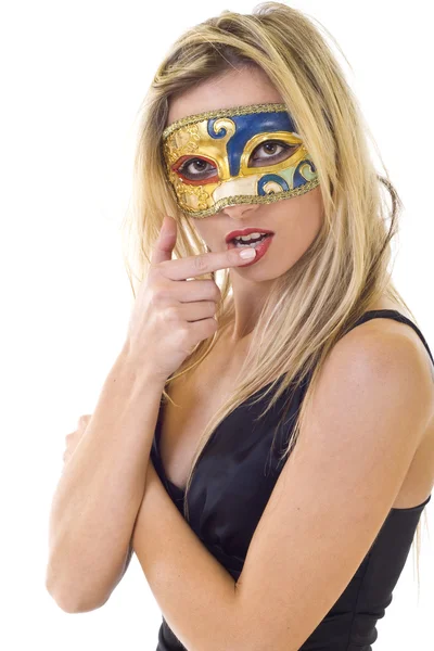 Trevlig Maskerade Blond Kvinna Med Hennes Finger Läpparna Över Vita — Stockfoto