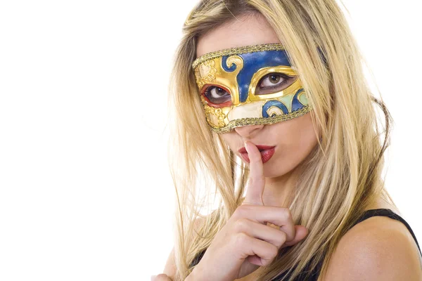 Mulher Máscara Carnaval Fazendo Gesto Silêncio Sobre Branco — Fotografia de Stock
