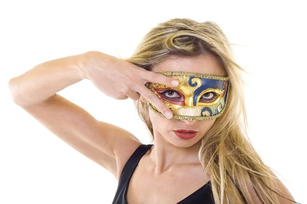 Imagem Uma Mulher Loira Usando Uma Máscara Carnaval Sobre Branco — Fotografia de Stock