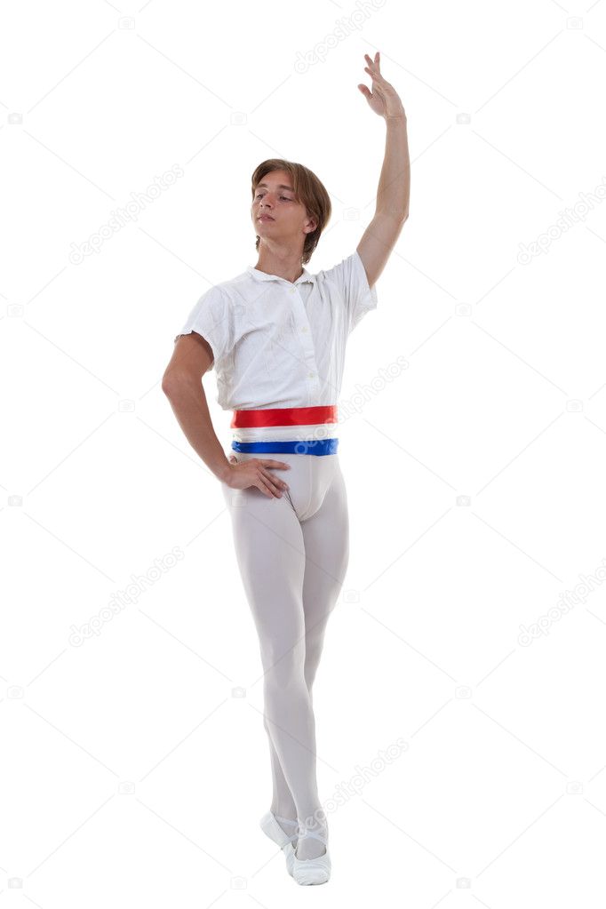 Young man dancing ballet isolated on white background, full lenght portrait.