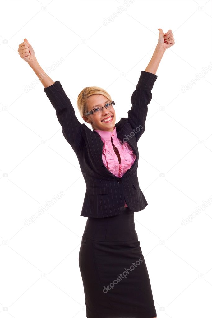 Business woman excited giving thumbs up.