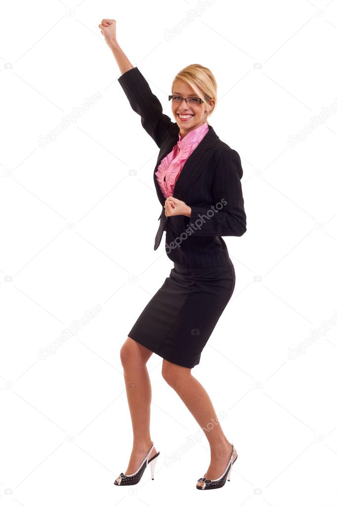 Business woman winning isolated on white background