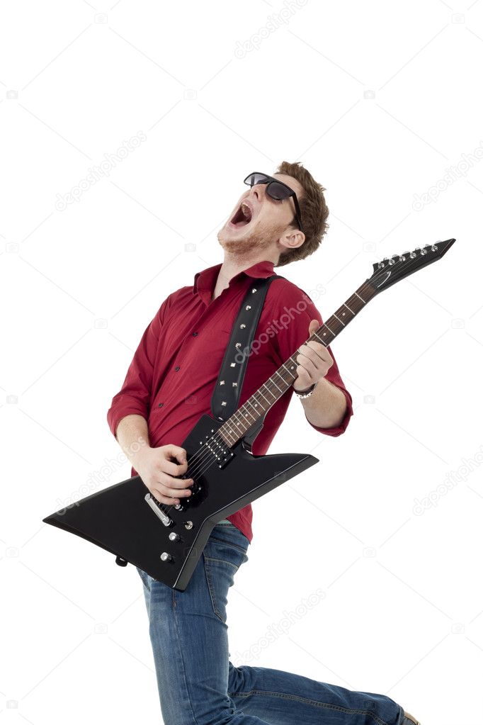 Guitarist with sunglasses screaming, isolated