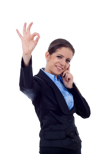 Happy Business Woman Phone Gesture Isolated — Stock Photo, Image