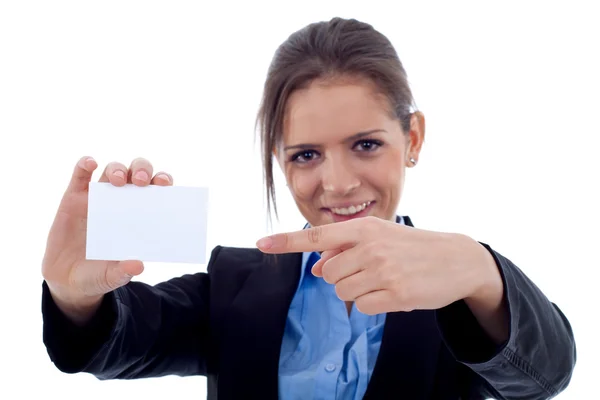 Portrait Smiling Young Woman Pointing Blank Card Her Hand White — Stock Photo, Image
