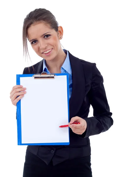 Young Business Woman Showing Clipboard Isolated White — Stock Photo, Image
