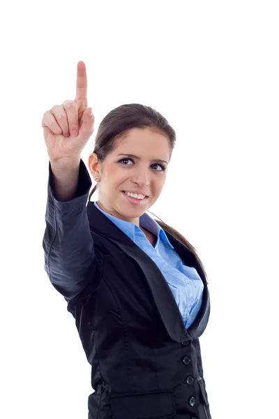 Geschäftsfrau Zeigt Mit Dem Finger Auf Imaginären Virtuellen Knopf — Stockfoto