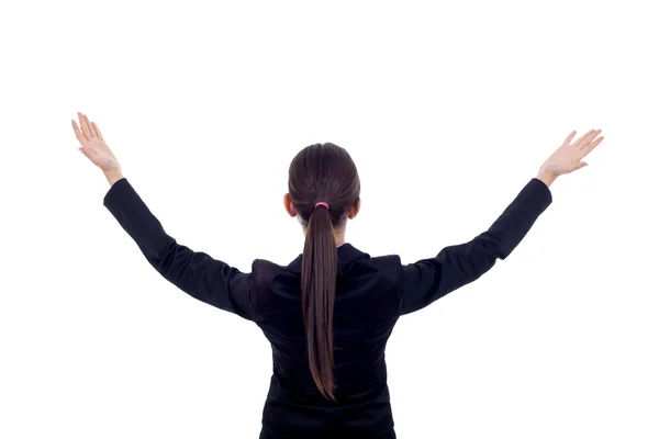 공기에 있는 그녀의 손 가진 비즈니스 우먼 — 스톡 사진