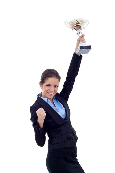 Mujer de negocios ganando un trofeo — Foto de Stock