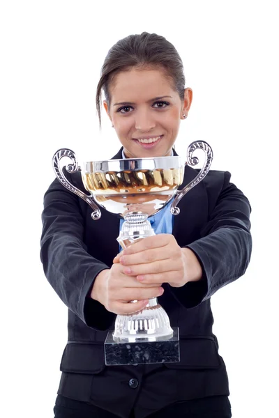 Woman showing her big trophy — Stock Photo, Image