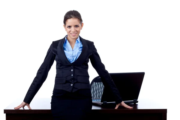 Bild Einer Geschäftsfrau Gegen Büroschreibtisch Über Weiß — Stockfoto