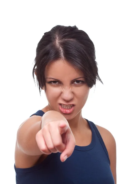 Kızgın Bir Kadın Kameraya Dönük Beyaz Izole — Stok fotoğraf