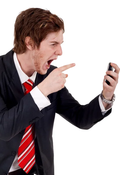Homem Negócios Irritado Gritando Com Telefone Móvel — Fotografia de Stock