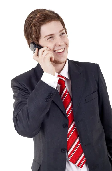 幸せなビジネスの男性 Isolaed の携帯電話で話しています — ストック写真