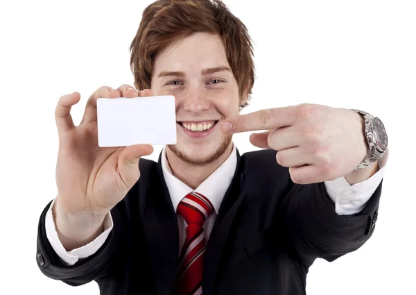 Νεων Επιχειρηματιων Άνθρωπος Δείχνει Μια Λευκή Κάρτα — Φωτογραφία Αρχείου