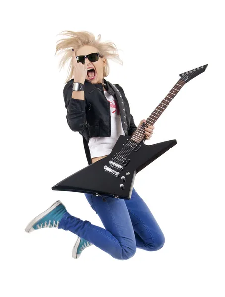 Chica Gritando Con Guitarra Eléctrica Haciendo Letrero Rock Sobre Blanco —  Fotos de Stock
