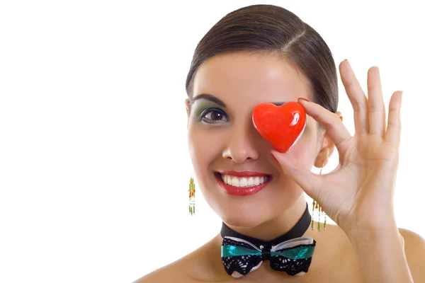 Woman holding red heart — Stock Photo, Image