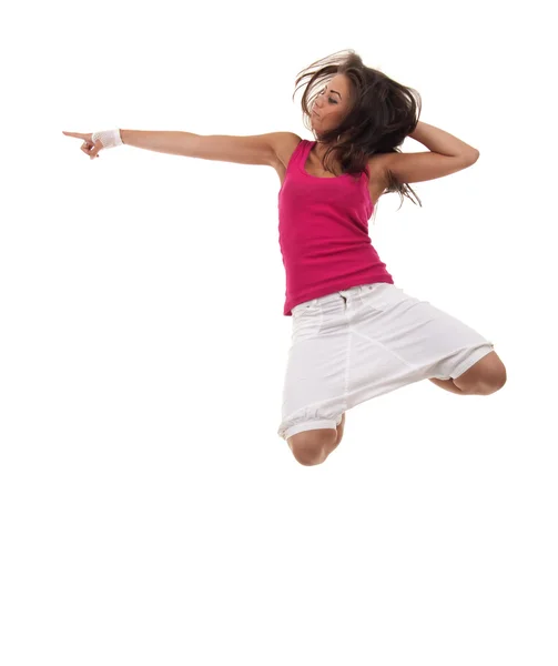 Modern Style Dancer Jumping Pointing Side Isolated Background Stock Photo