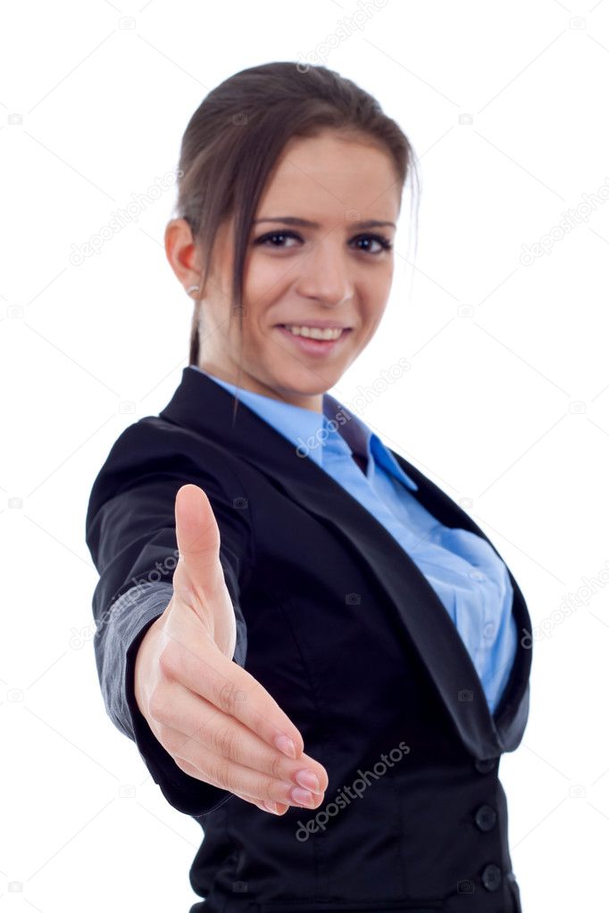 Handshake - Business woman offering a business deal, focus on hand