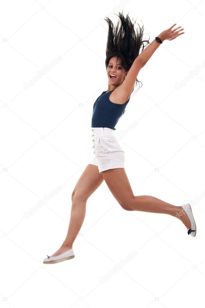 Woman jumping with arms up — Stock Photo © feedough 4748449