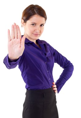 Serious business woman making stop sign over white, focus on hand clipart
