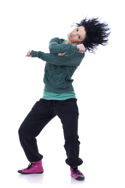 Танцовщица Современном Стиле Позирует Белом Фоне Энергетическая Поза Летающими Волосами — стоковое фото