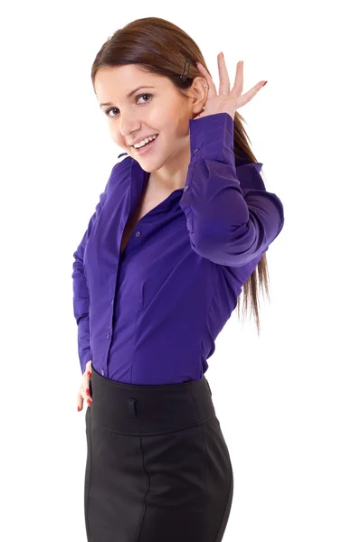 Business woman with hand to ear — Stock Photo, Image