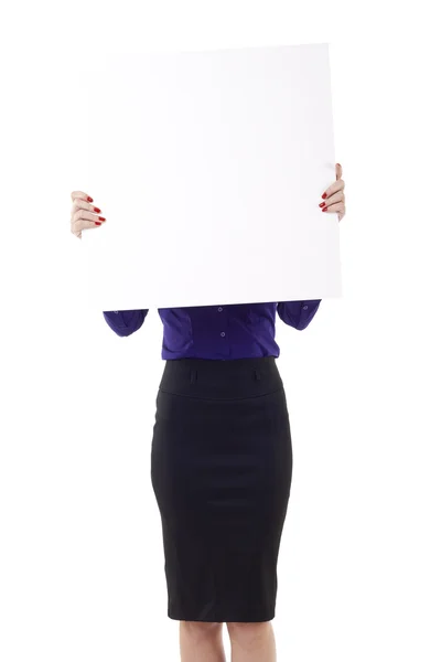 白で隔離される空白記号を保持している若いビジネス女性 — ストック写真