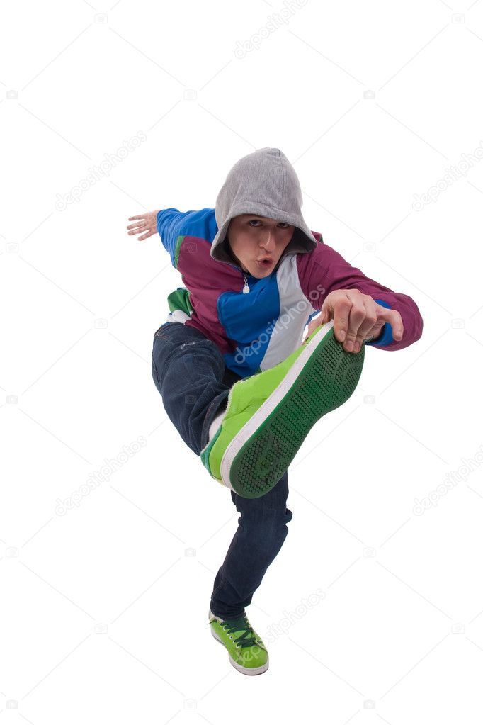 stylish and cool breakdance style dancer posing on a white background